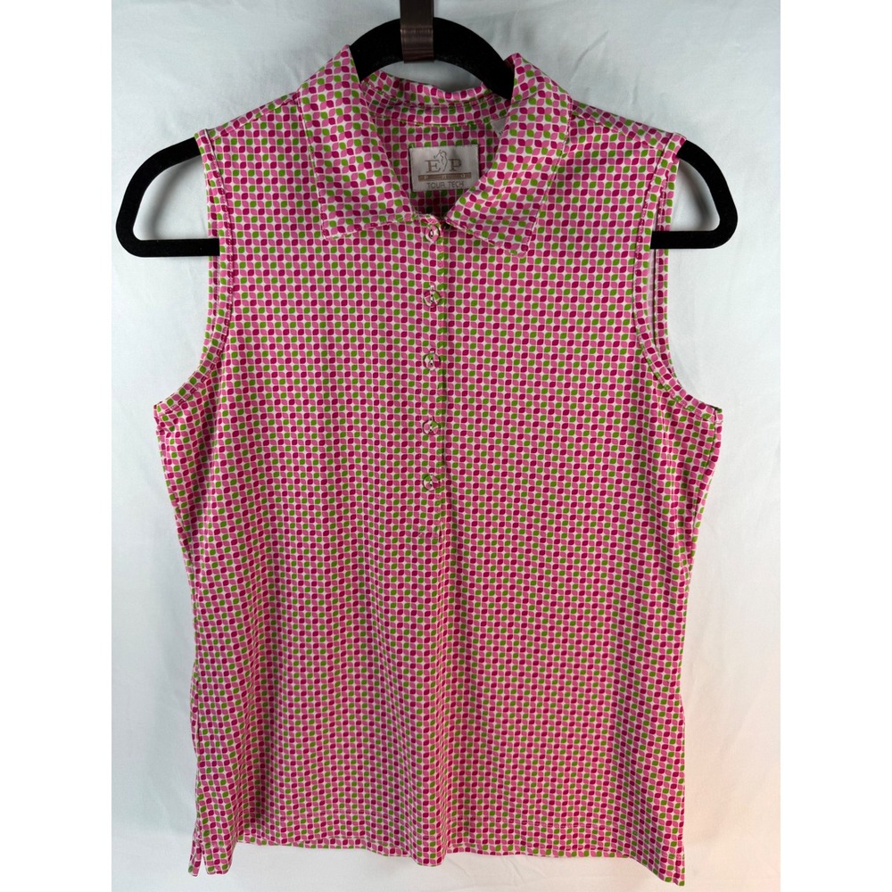 EP Pro Tour Tech Pink Green Geometric Print Sleeveless Golf Polo Top Womens‎ S